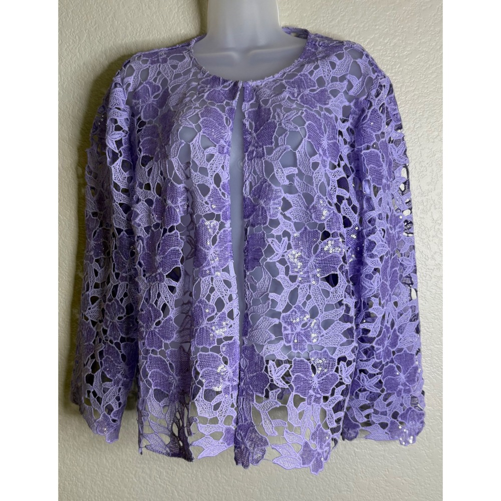 Chicos Womens 3 US XL Cardigan Purple Floral Lace Sequin Open Front Jacket Chic